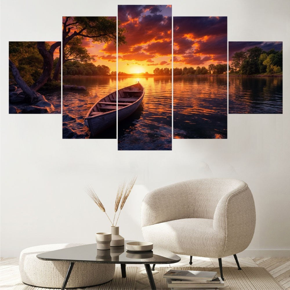 Quadro Decorativo Mosaico Barco ao Sol Poente - Quadros Decorativos para Sala | Display de Festa Infantil