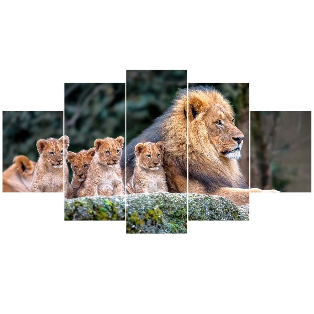 Quadro Decorativo Mosaico Leões e Filhotes no Bosque - Quadros Decorativos para Sala | Display de Festa Infantil