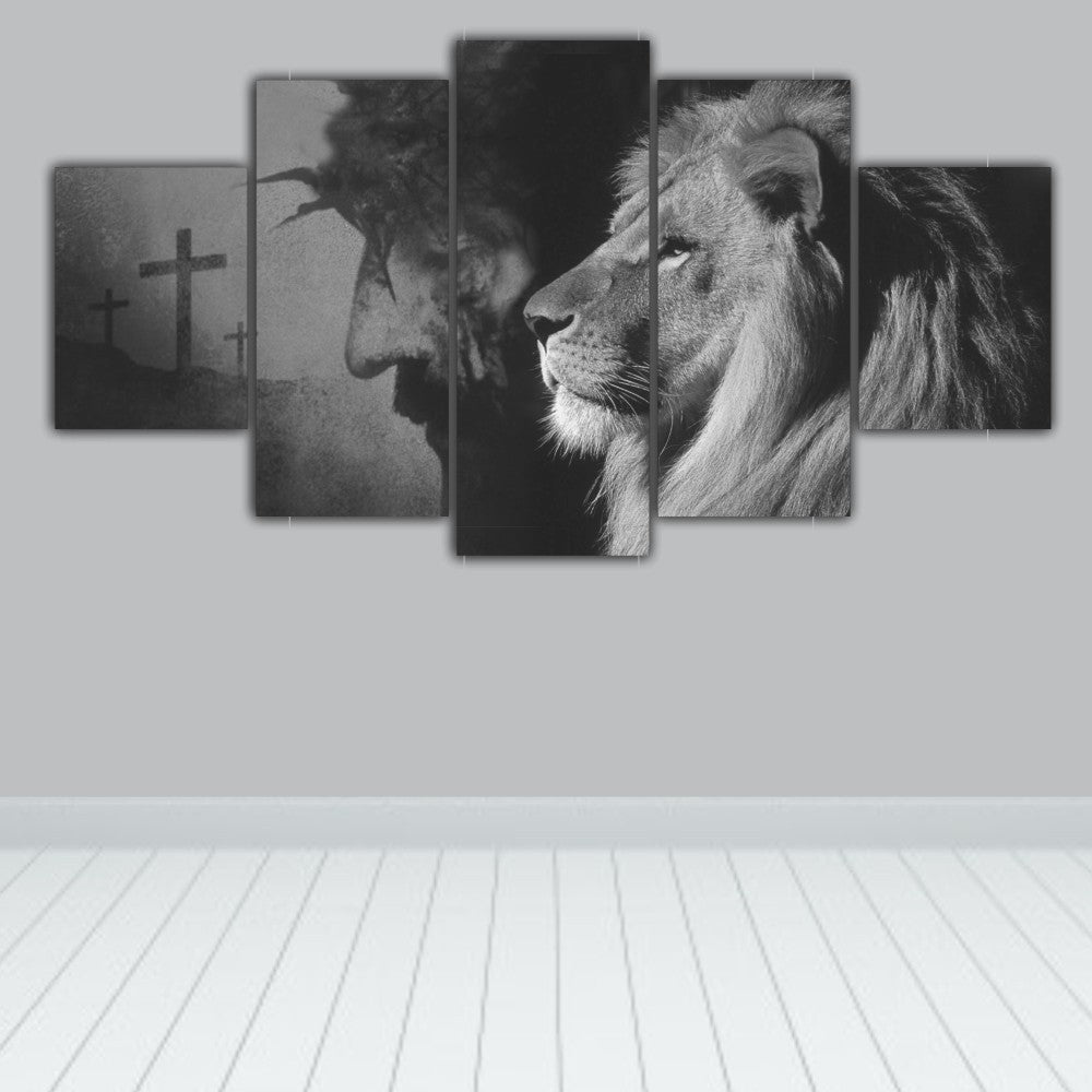 Quadros Decorativos Leão Juda E Jesus Cristo + Cruz Preto e Branco - Quadros Decorativos para Sala | Display de Festa Infantil