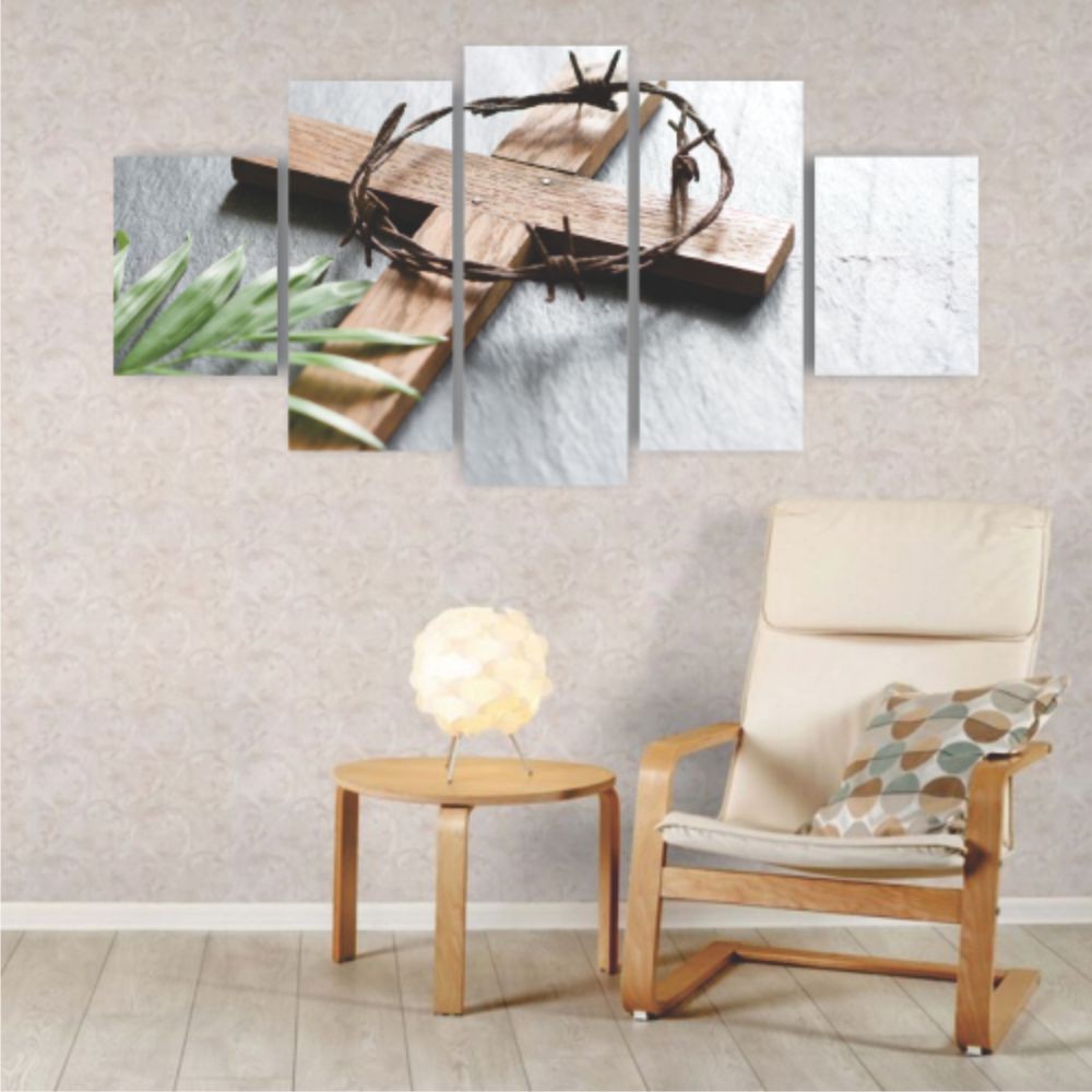 Quadros Decorativos Religioso Ramos e Cruz Jesus Cristo Mosaico MDF - Quadros Decorativos para Sala | Display de Festa Infantil
