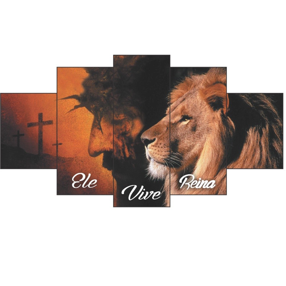 Quadro De Parede Decorativo Leao Juda Ele Vive Reina N Jesus Cristo + Cruz - Quadros Decorativos para Sala | Display de Festa Infantil