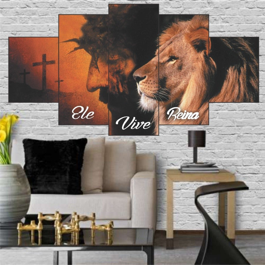 Quadro De Parede Decorativo Leao Juda Ele Vive Reina N Jesus Cristo + Cruz - Quadros Decorativos para Sala | Display de Festa Infantil