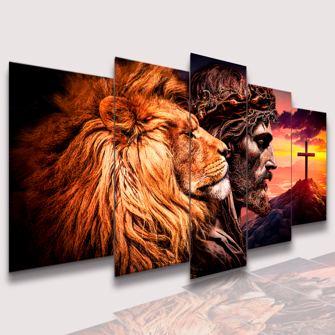 Quadros Decorativos Mosaico Cristo, Leão Cruz no Morro - Quadros Decorativos para Sala | Display de Festa Infantil