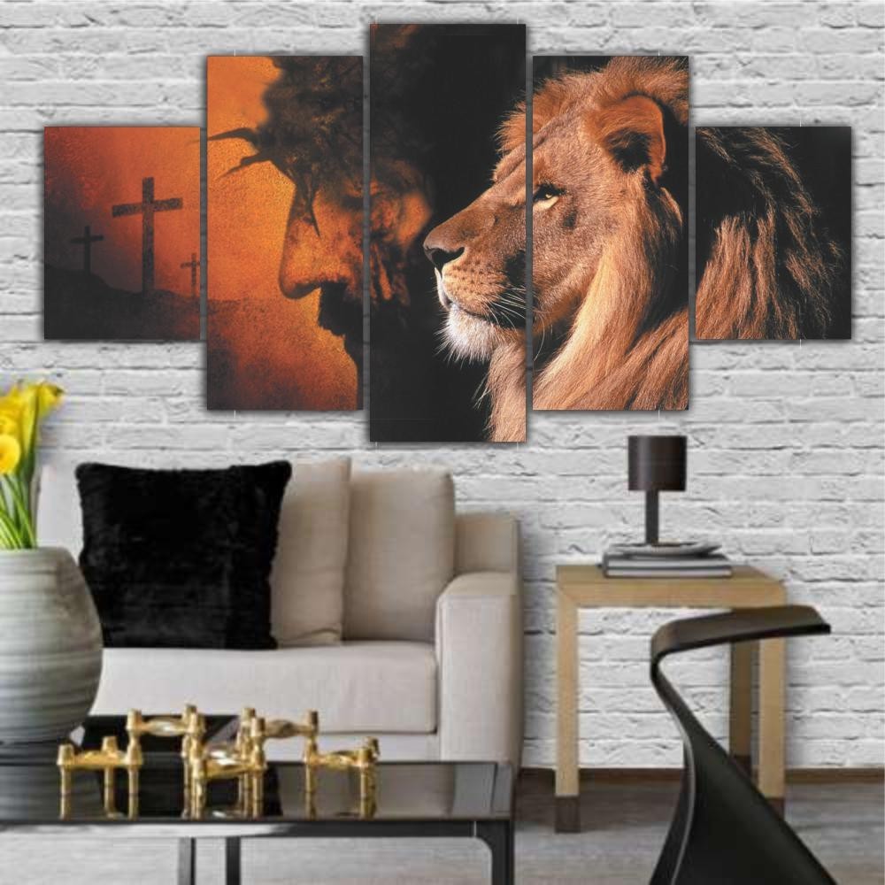 Kit Quadros Decorativos Sala Leão De Judá E Jesus Mais Cruz - Quadros Decorativos para Sala | Display de Festa Infantil