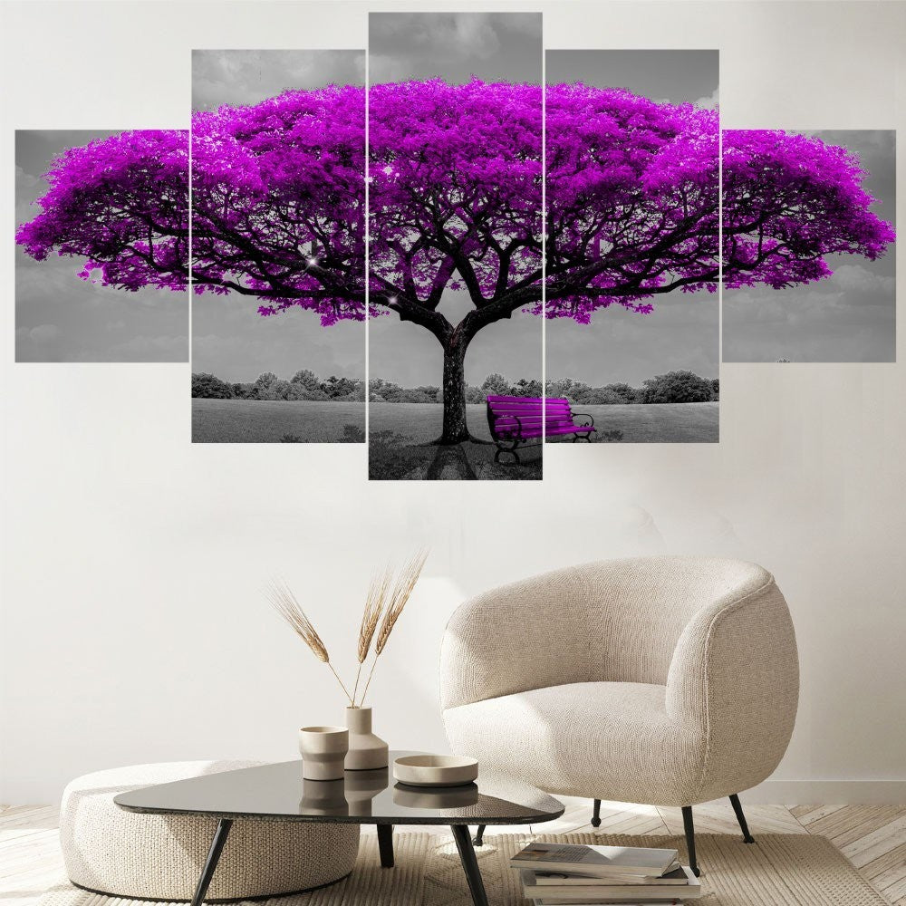 Quadro Decorativo Mosaico Árvore e Banco Roxo - Quadros Decorativos para Sala | Display de Festa Infantil