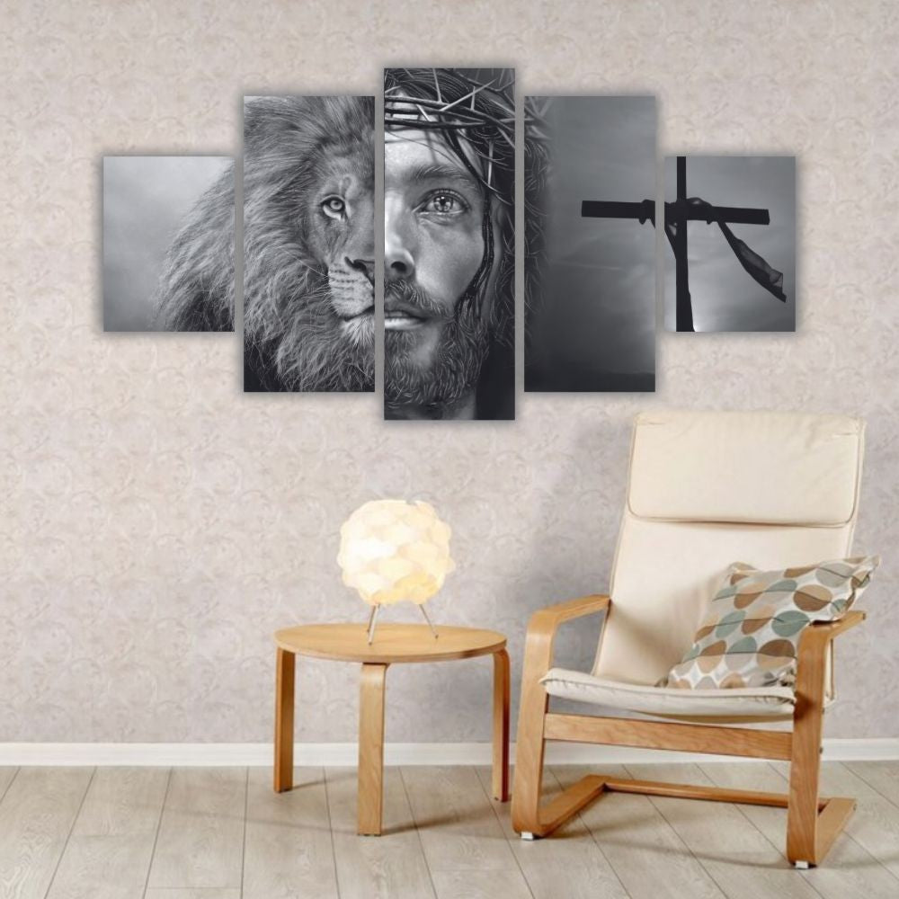 Quadros Decorativos Leão Juda E Jesus Faces Preto e Branco - Quadros Decorativos para Sala | Display de Festa Infantil