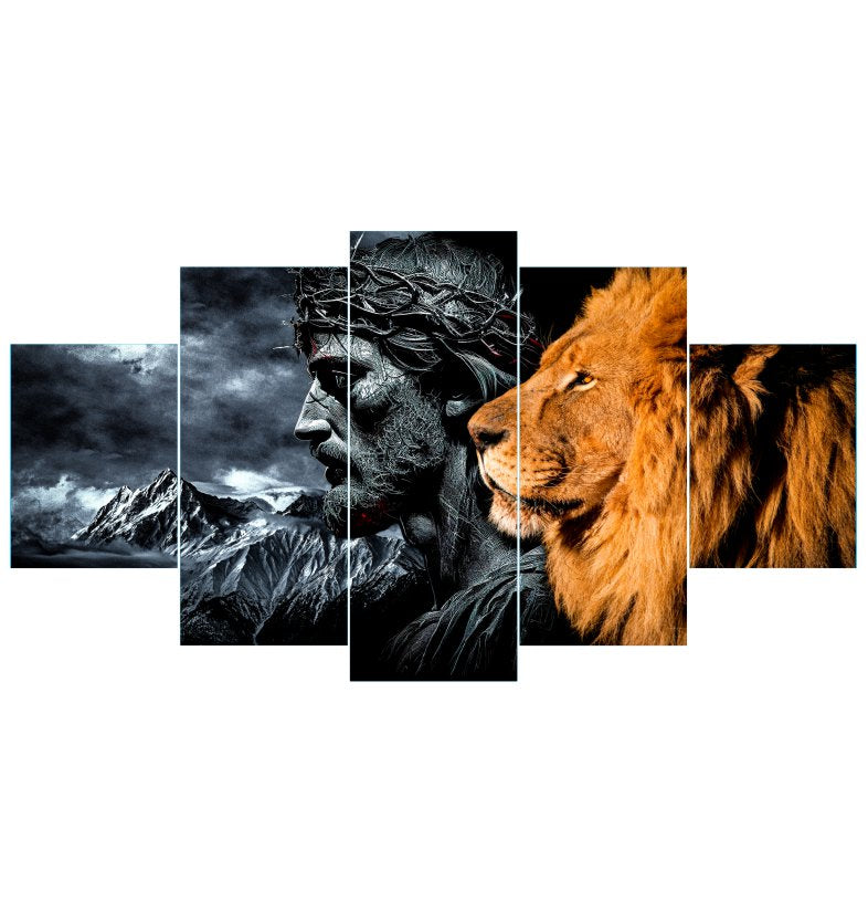 Quadros Decorativo Leão Judá Dourado e Cristo Preto e Branco - Quadros Decorativos para Sala | Display de Festa Infantil