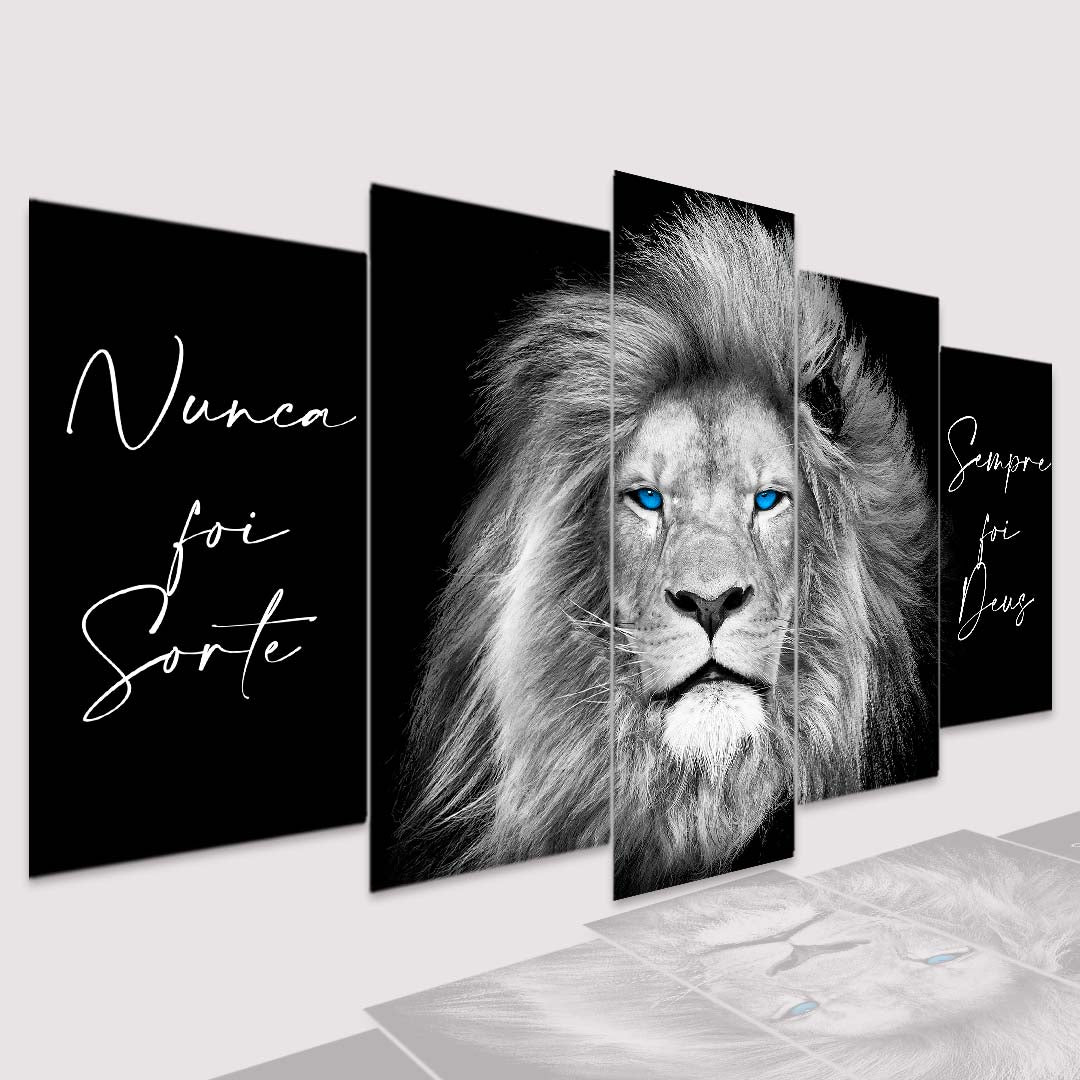 Quadro Decorativo Leão Olho Azul Sempre Foi Deus P/B Frases Laterais - Quadros Decorativos para Sala | Display de Festa Infantil