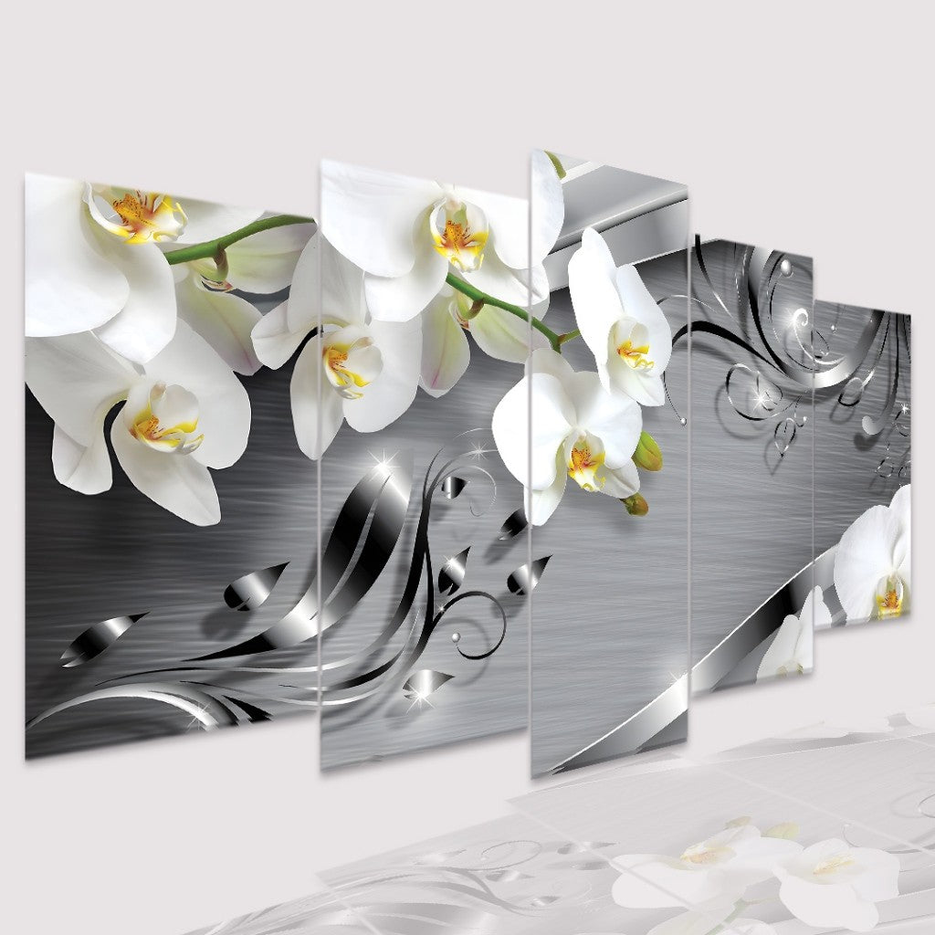 Quadro Decorativo Mosaico Floral Orquídea com adorno Prata - Quadros Decorativos para Sala | Display de Festa Infantil