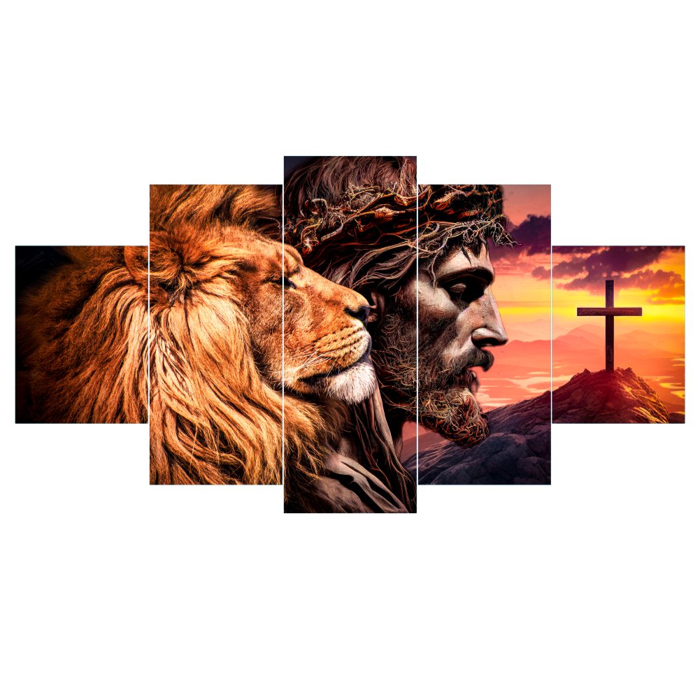 Quadros Decorativos Mosaico Cristo, Leão Cruz no Morro - Quadros Decorativos para Sala | Display de Festa Infantil