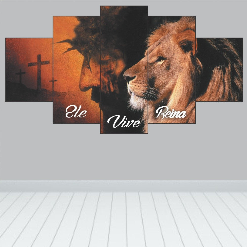 Quadro De Parede Decorativo Leao Juda Ele Vive Reina N Jesus Cristo + Cruz - Quadros Decorativos para Sala | Display de Festa Infantil