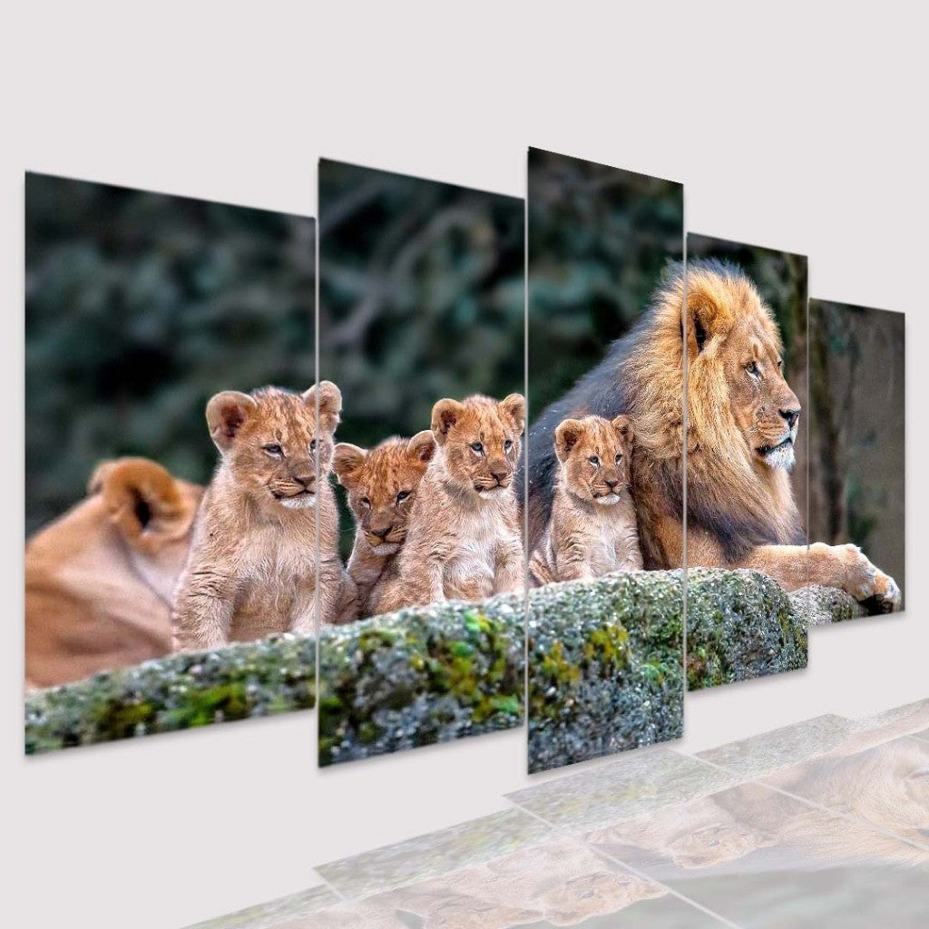 Quadro Decorativo Mosaico Leões e Filhotes no Bosque - Quadros Decorativos para Sala | Display de Festa Infantil