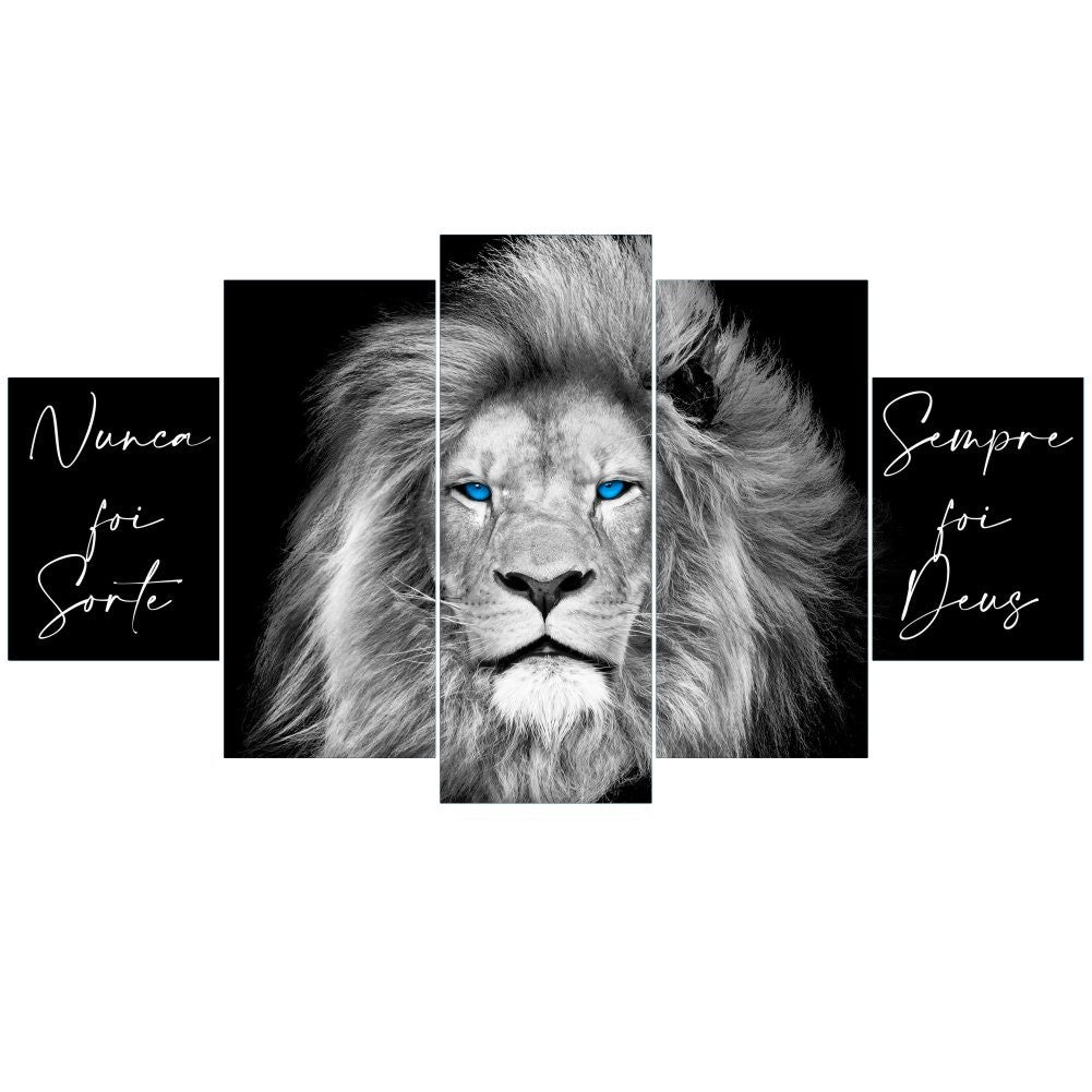 Quadro Decorativo Leão Olho Azul Sempre Foi Deus P/B Frases Laterais - Quadros Decorativos para Sala | Display de Festa Infantil