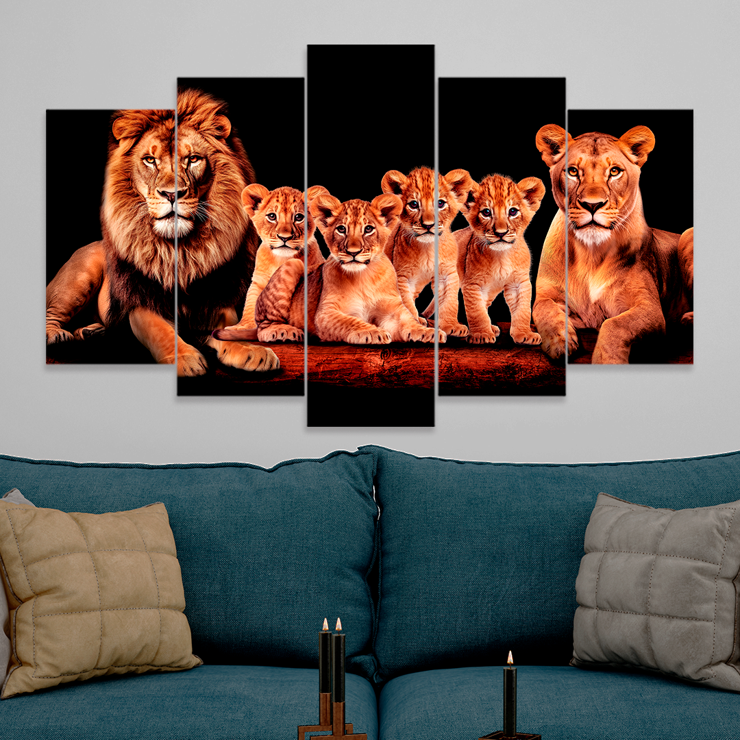 Quadro Decorativo Mosaico Leões com 4 Filhotes - Quadros Decorativos para Sala | Display de Festa Infantil