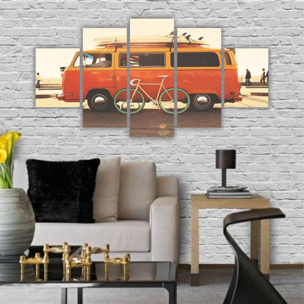 Quadro Decorativo Vintage Praia Kombi Laranja Surf - Quadros Decorativos para Sala | Display de Festa Infantil