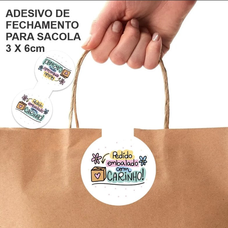 Lacre fecha sacolas 3x6cm e 4x8cm - Adesivo Personalizado com sua Logo.