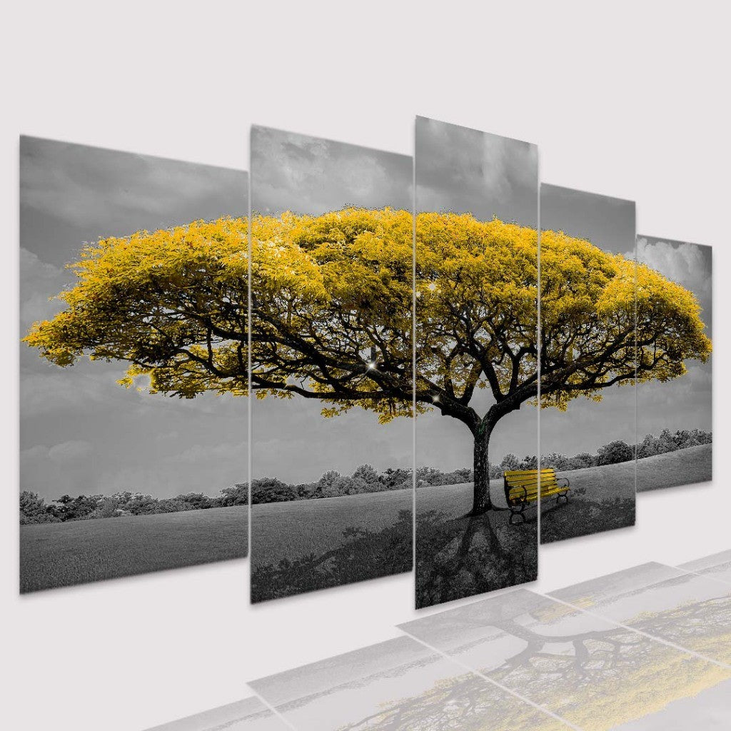 Quadro Decorativo Mosaico Árvore e Banco Amarelo - Quadros Decorativos para Sala | Display de Festa Infantil