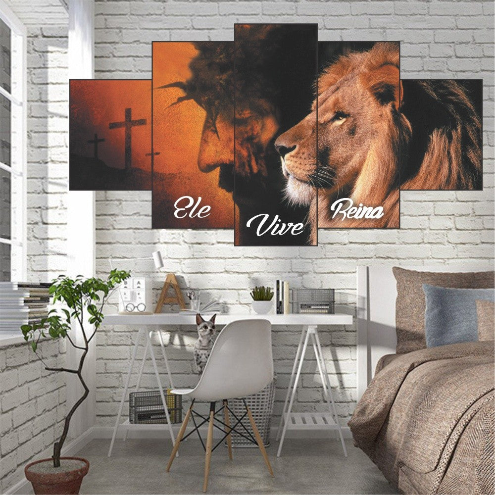 Quadro De Parede Decorativo Leao Juda Ele Vive Reina N Jesus Cristo + Cruz - Quadros Decorativos para Sala | Display de Festa Infantil