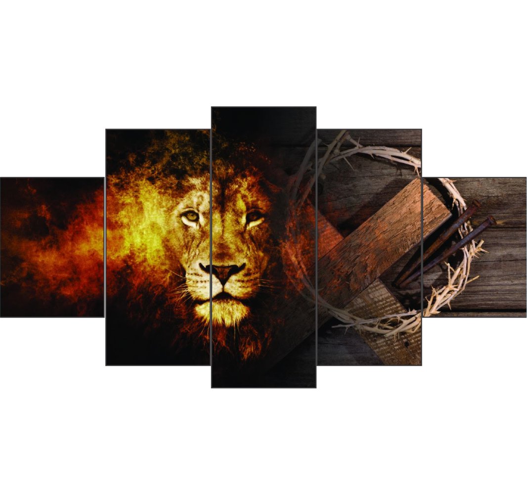 Quadros Decorativos mosaico Leão Coroa de Fogo Cruz - Quadros Decorativos para Sala | Display de Festa Infantil