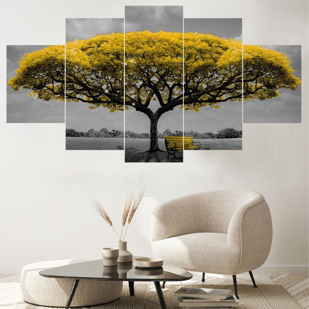 Quadro Decorativo Mosaico Árvore e Banco Amarelo - Quadros Decorativos para Sala | Display de Festa Infantil