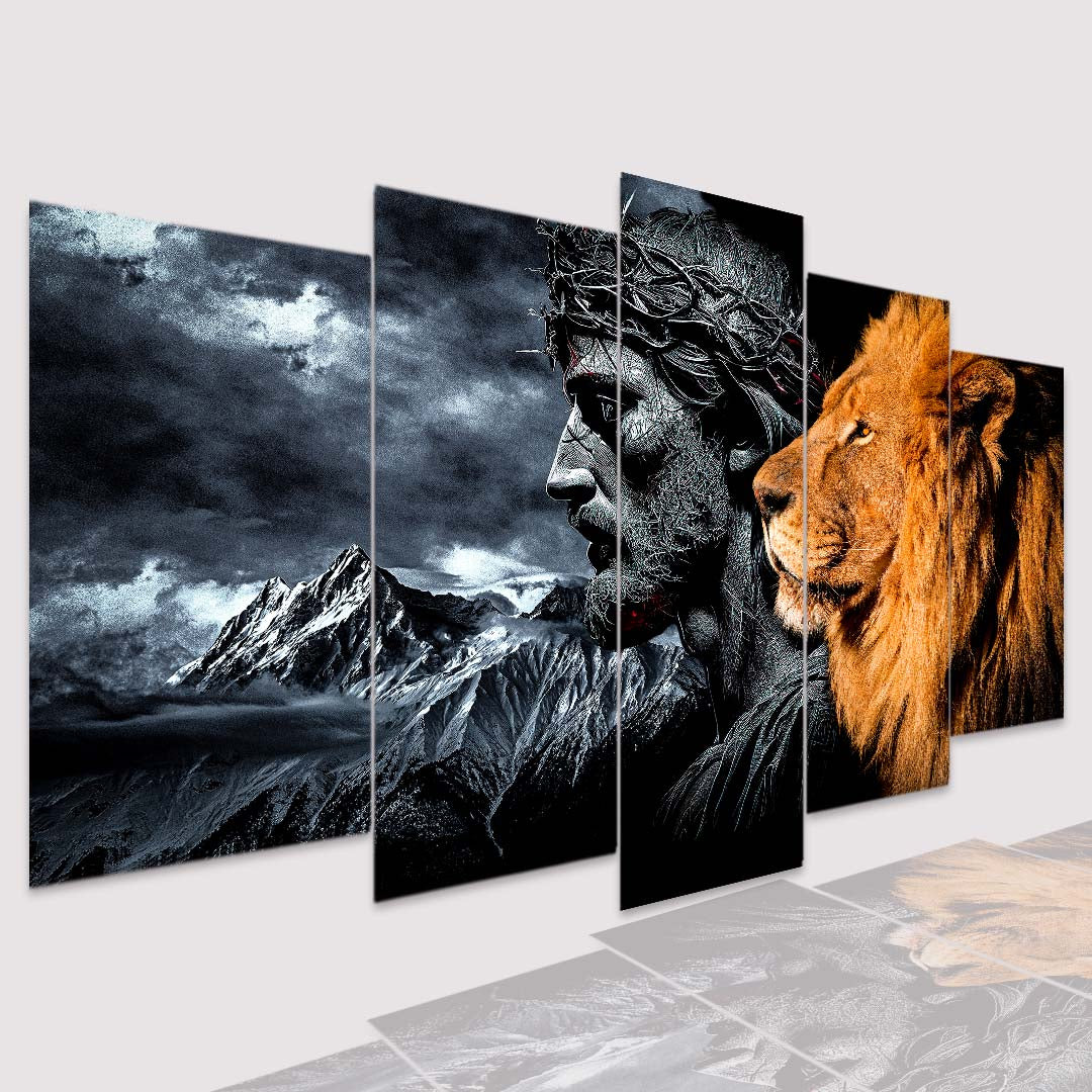 Quadros Decorativo Leão Judá Dourado e Cristo Preto e Branco - Quadros Decorativos para Sala | Display de Festa Infantil