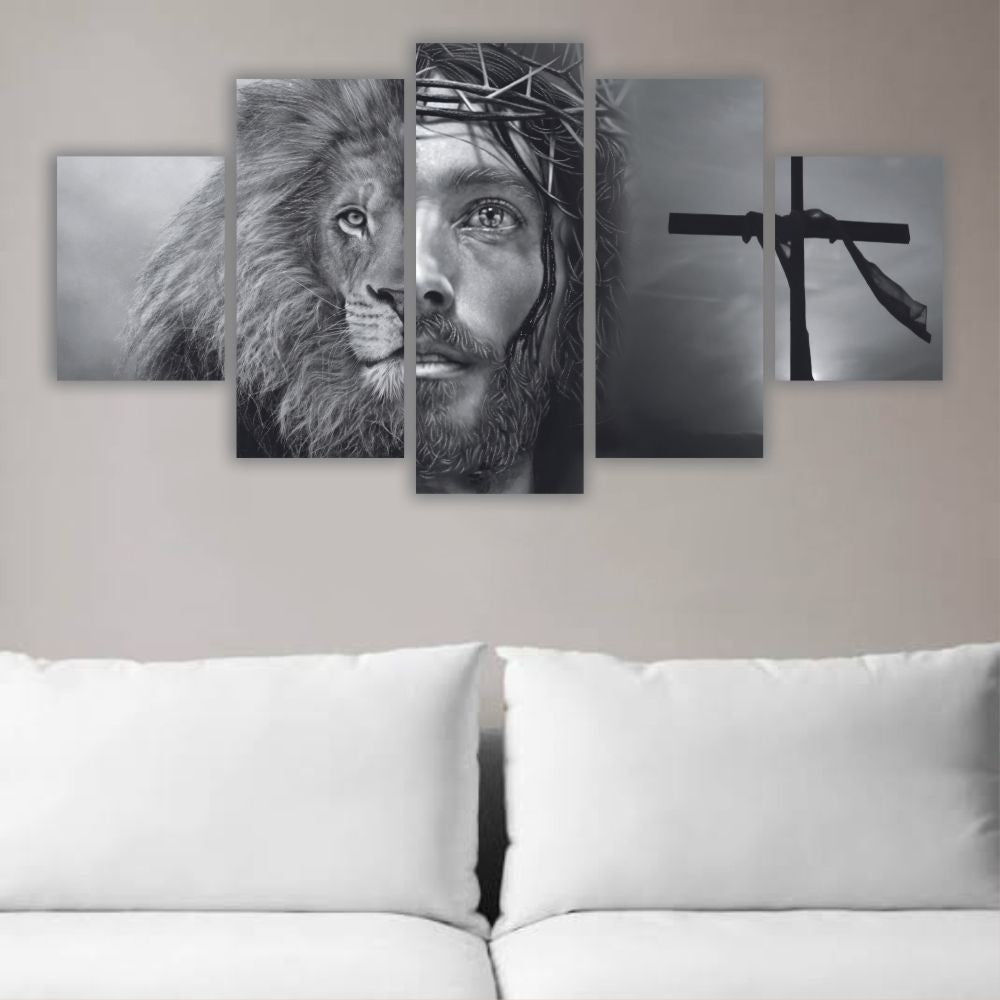 Quadros Decorativos Leão Juda E Jesus Faces Preto e Branco - Quadros Decorativos para Sala | Display de Festa Infantil
