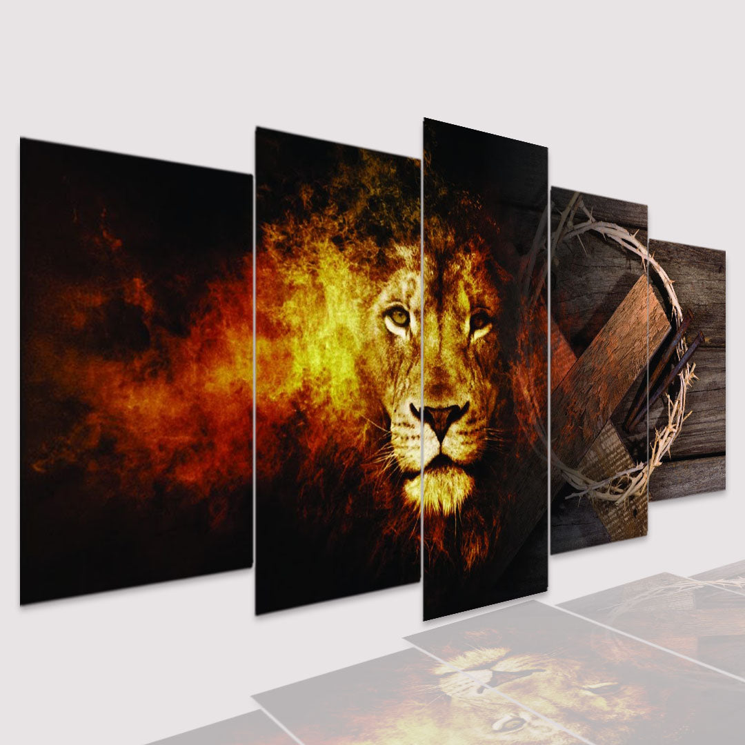 Quadros Decorativos mosaico Leão Coroa de Fogo Cruz - Quadros Decorativos para Sala | Display de Festa Infantil