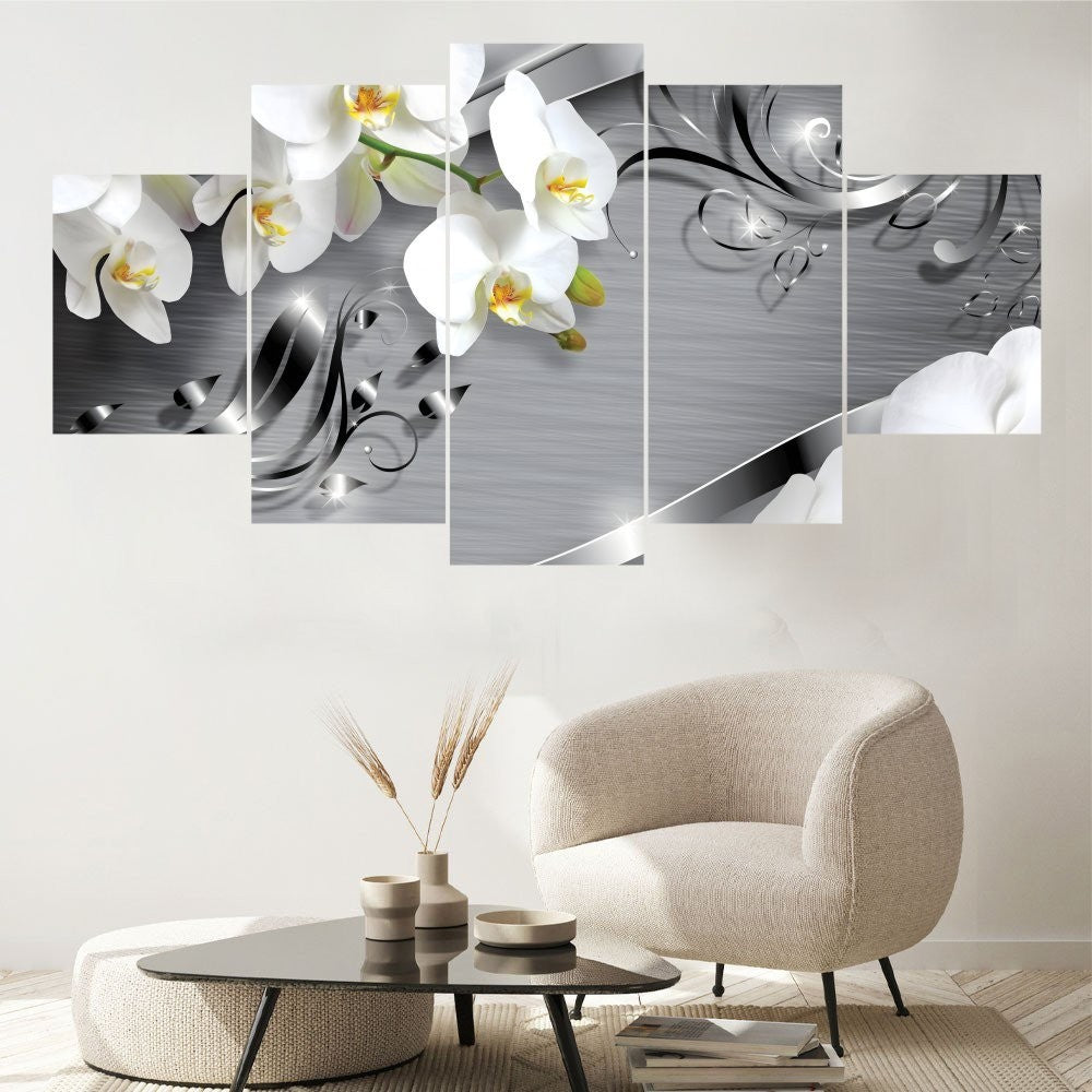 Quadro Decorativo Mosaico Floral Orquídea com adorno Prata - Quadros Decorativos para Sala | Display de Festa Infantil