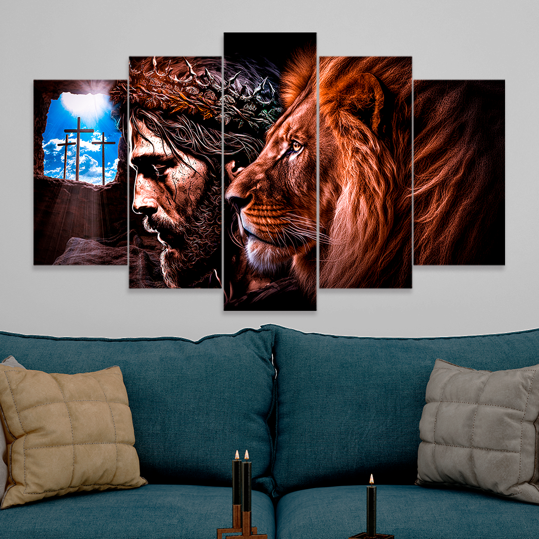 Quadro Decorativo mosaico Leão Cruz Jesus Religioso FÉ Oração - Quadros Decorativos para Sala | Display de Festa Infantil