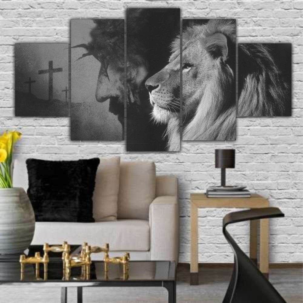 Quadros Decorativos Leão Jesus + CRUZ Religioso Preto e Branco - Quadros Decorativos para Sala | Display de Festa Infantil