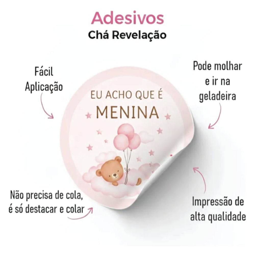 100 Etiquetas Adesivos Chá Revelação Menina E Menino Personalizado 4x4 Cm 50 Ursinha Rosa E 50 Ursinho Azul Redondo