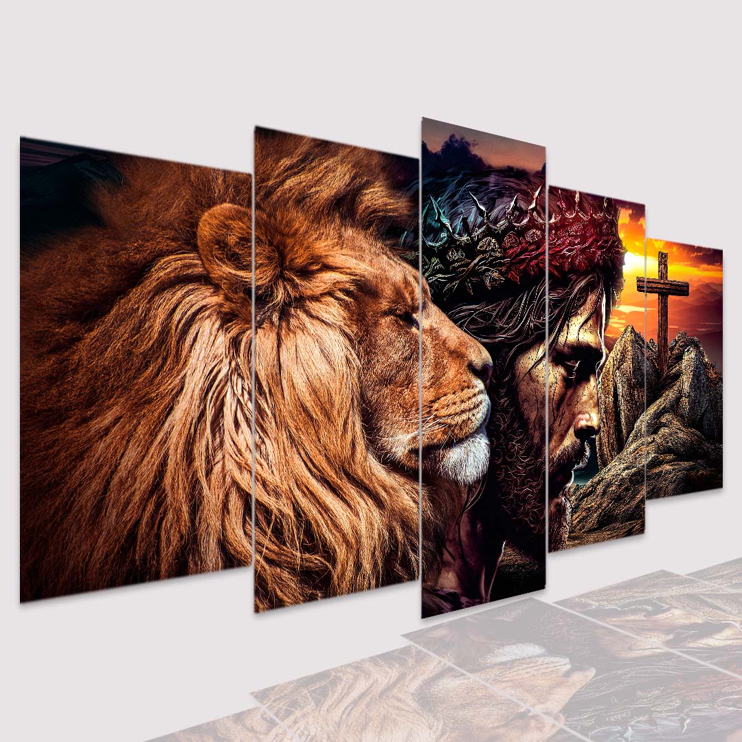 Quadro Decorativo mosaico Leão Judá, Cristo e Cruz Pôr do Sol - Quadros Decorativos para Sala | Display de Festa Infantil