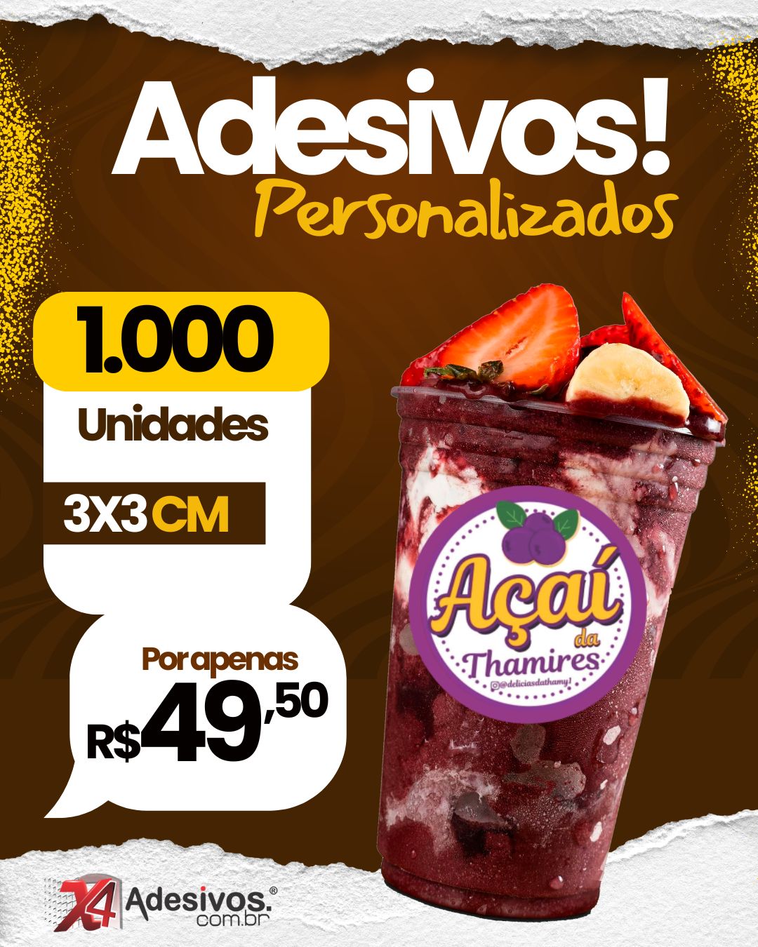 1000 Adesivos 3X3cm - Etiquetas Adesivas e Rótulos Personalizado - Redondos ou Quadrados