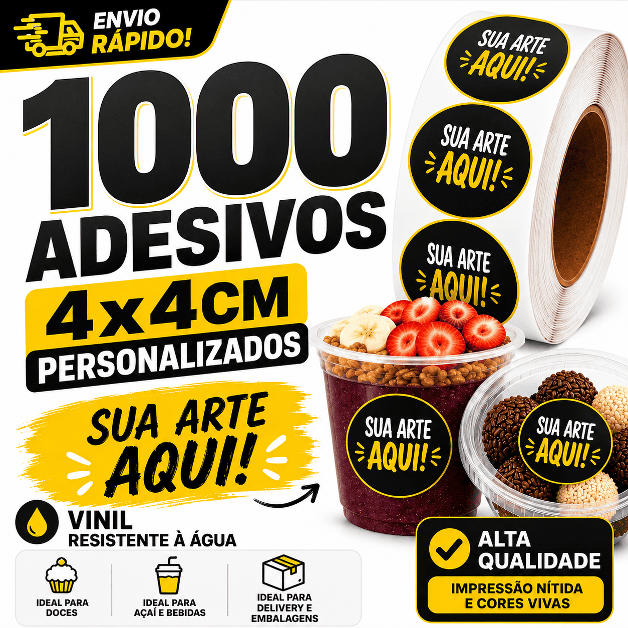 1000 Adesivos 4X4cm - Etiquetas Adesivas e Rótulos Personalizado - Redondos ou Quadrados