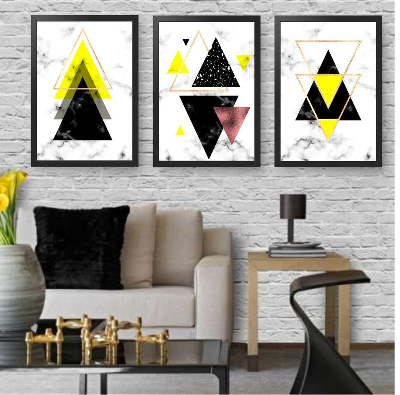 Quadro Decorativo 3 peças 60x40 C/ Moldura Geométrico Triângulos amarelo